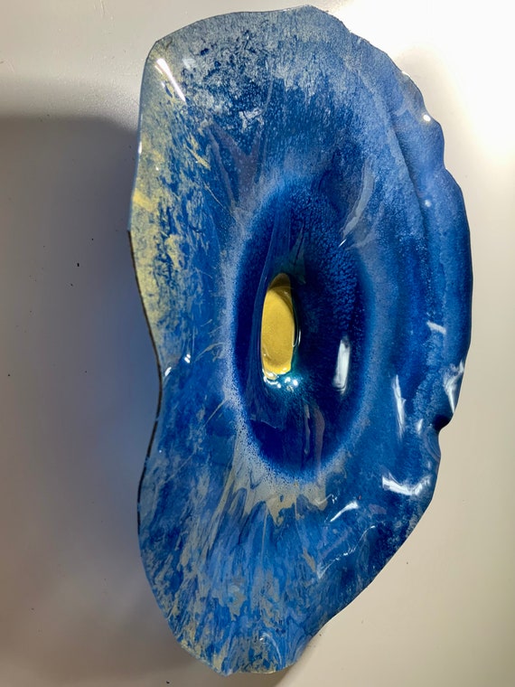 Small wall flower plate eco art 9” handmade eco friendly plastic Todd Lynd art/blue/gold/kitchen home decor/looks like glass/ceiling mount
