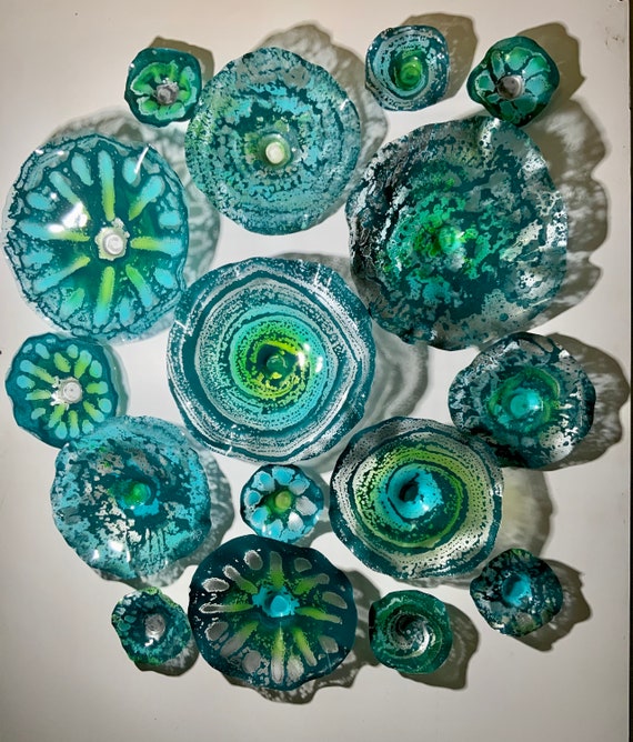 Made to order up cycled polymer - Large mural art 16 handmade home decor teal green, lime yellow, Aqua blue & silver - looks like glass