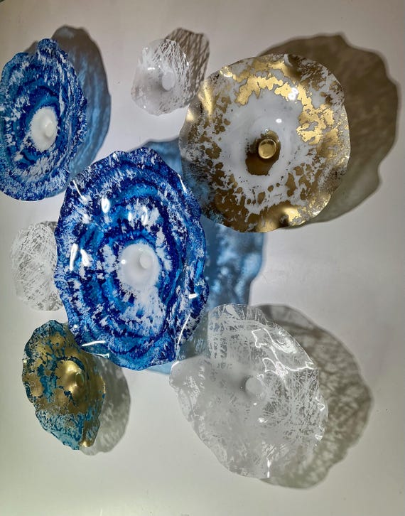 Coastal wall decor 7 blue, gold & white handmade beach house decor art/eco-friendly plastic - looks like glass