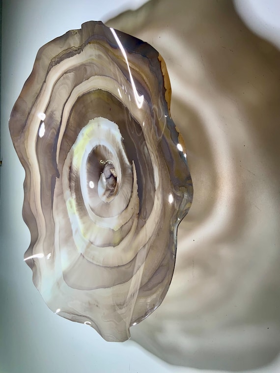 One of a kind neutral wall art sculpture eco-art plate 15” handmade upcycled plastic taupe/white home decor wall hanging/looks like glass