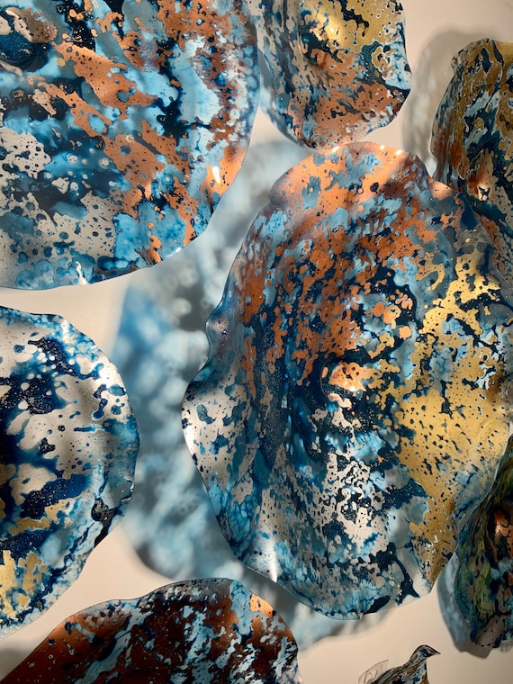 Made to order Wall Flower large mural set 9 up cycled plastic gold/silver/copper/teal blue looks like glass/modern bedroom home decor art