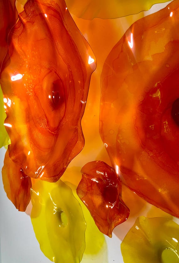 Up cycled Polymer Wall Flower Sculpture: Orange Saffron Boho Decor-sea glass series