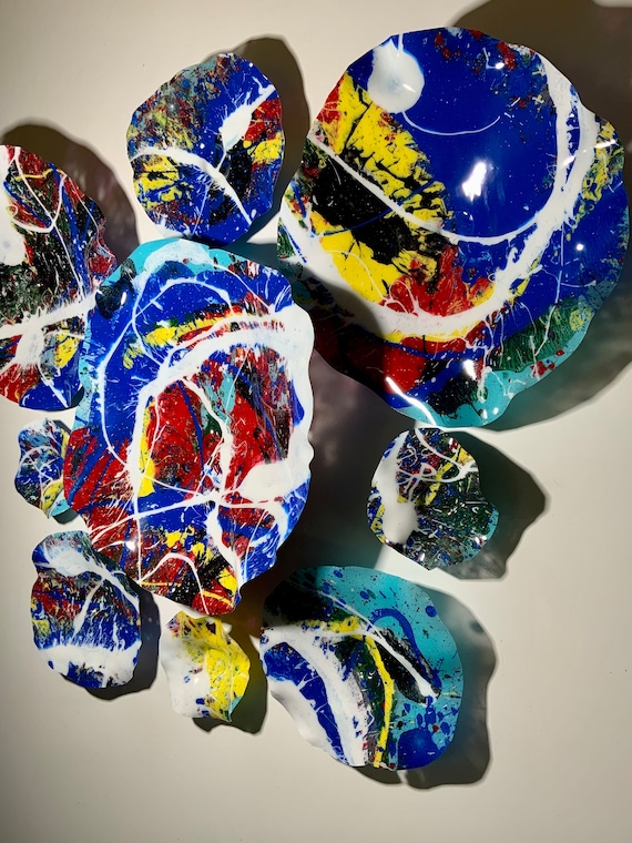 Original Splash of color wall flower mural white/red/blue/Green/black/yellow/aqua 9 handmade home decor/upcycled plastic looks like glass