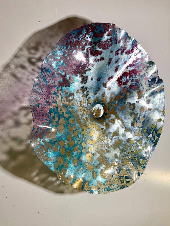 One of a kind cool wall sculpture plate 15” handmade upcycled plastic silver/aqua/burgundy/gold home decor art wall hanging/looks like glass