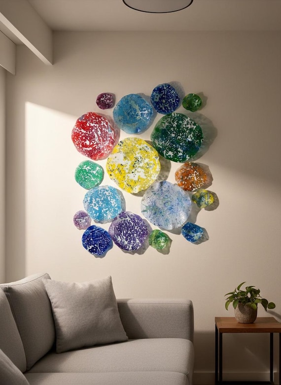 Colorful wall flower sculpture 17 yellow/orange/blue/purple/pink/green/white handmade beach home decor/eco-friendly plastic looks like glass