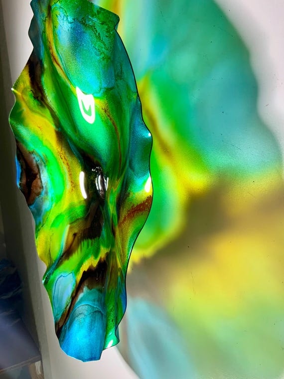 Unique Wall Flower plate art 15” handmade eco-friendly plastic/green/blue/yellow/black outdoor wall art/looks like glass/colorful home decor