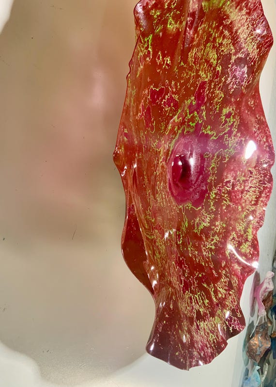 Eco-art wall hanging large living room decor handmade recycled plastic 19” maroon red/green/looks like glass/Todd Lynd art