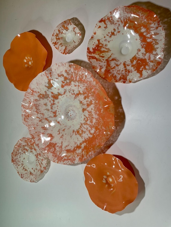 Unique Orange and White Wallflower Set - One-of-a-Kind Glass-Like Art for Living Room Handmade upcycled plastic