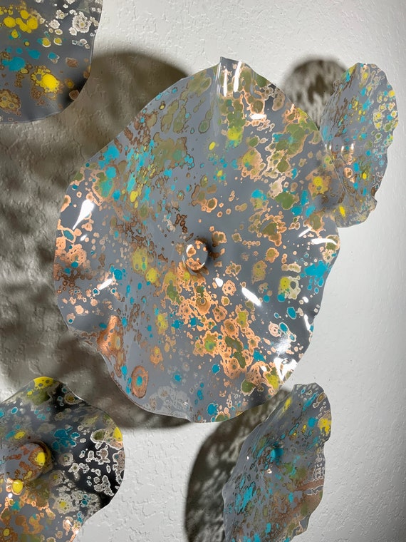 Original hand made round floral decor Wall hanging 5 gray/copper/yellow/green/aqua up-cycled plastic/home decor/looks like glass