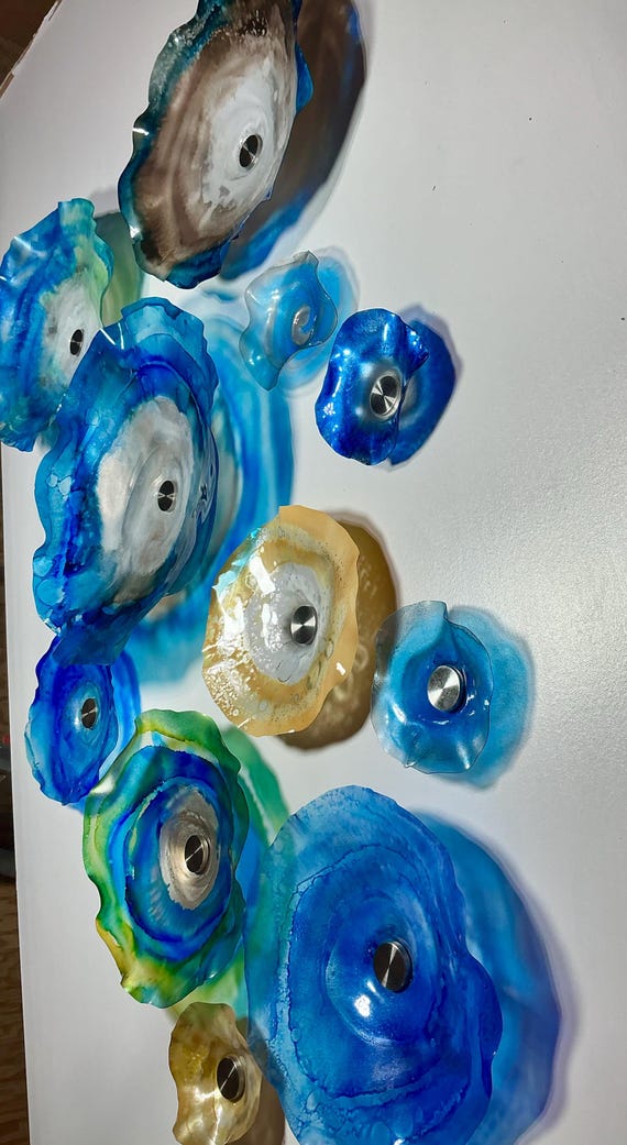Blue, taupe, silver and Champagne wall flower mural - Glass-Look Wall Art for Commercial & Home Design-handmade up cycled polymer 11 pieces