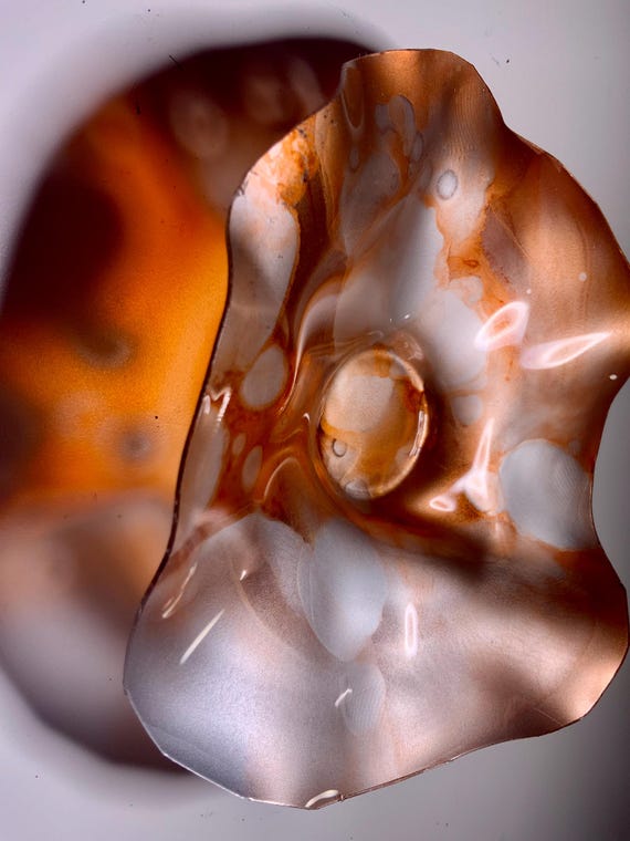 Sustainable plastic orange &silver one of a kind extra Small wall flower 5” handmade unique home decor/indoor outdoor art/looks like glass