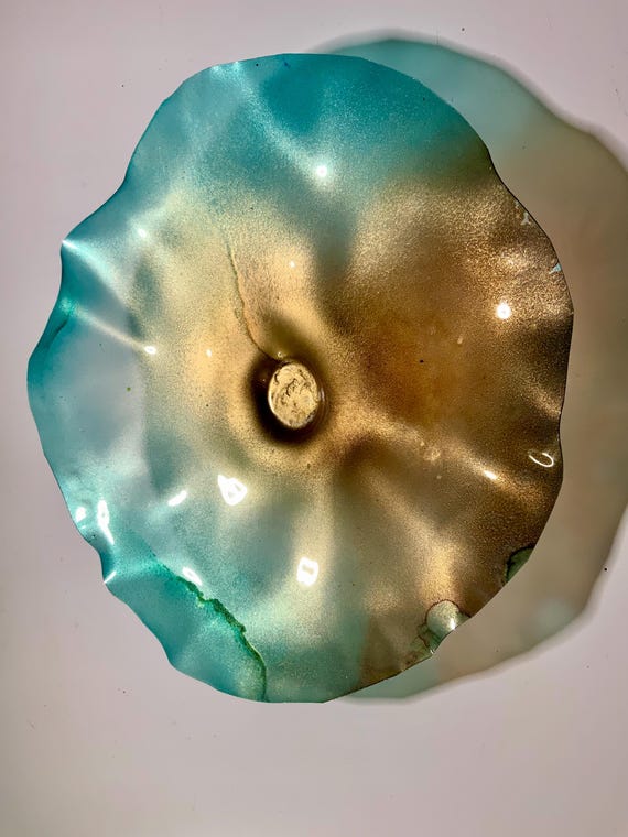 Medium wall flower 12" gold/aqua green handmade/upcycled plastic/home decor/beach living room decor art/looks like glass