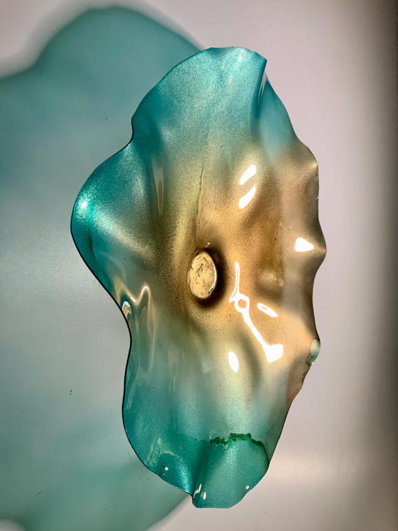 Medium wall flower 12" gold/aqua green handmade/upcycled plastic/home decor/beach living room decor art/looks like glass