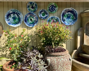 Handmade Round wall Flower ocean art recycled plastic set 7 navy/royal blue/green/white/looks like glass large wall mount/beach home decor