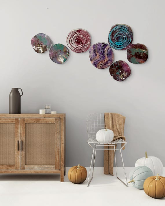 Modern Wall Art Set of 7 -handmade recycled plastic. Glass-Look Burgundy, Purple, Sage Green & Gold Flower Decor
