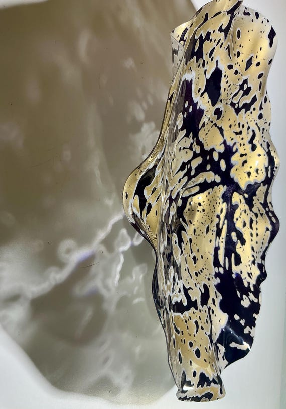 Unique Wall Flower sculpture art handmade recycled plastic 15” dark purple & gold wall art/looks like glass/home decor