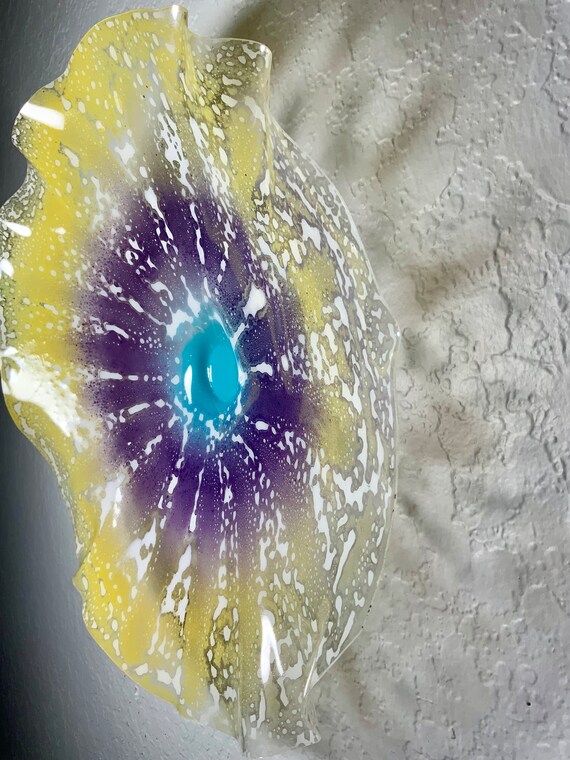 Wall flower geometric decor 15” yellow/aqua/purple/white handmade recycled plastic/home decor/large platter/looks like glass/window mount