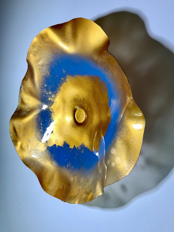 Unique Wall Flower sculpture platter art 15” handmade eco-friendly plastic/gold/periwinkle blue - wall art/looks like glass/home decor