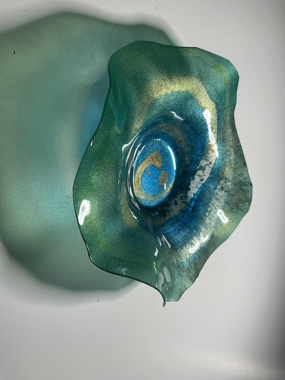 Wall flower handmade from up cycled Polymer- teal, blue & gold Art –  5-6 Inch (Glass Look)