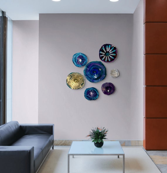 7 piece handmade eco art home geometric wall decor purple/blue/aqua/gold/teal/white/silver/eco-friendly plastic/cool decor/looks like glass/