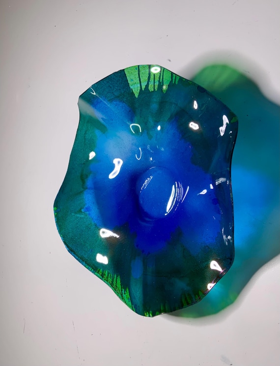 Recycled plastic one of a kind x-Small wall flower 5” handmade green/cobalt blue boho beach home decor- looks like glass
