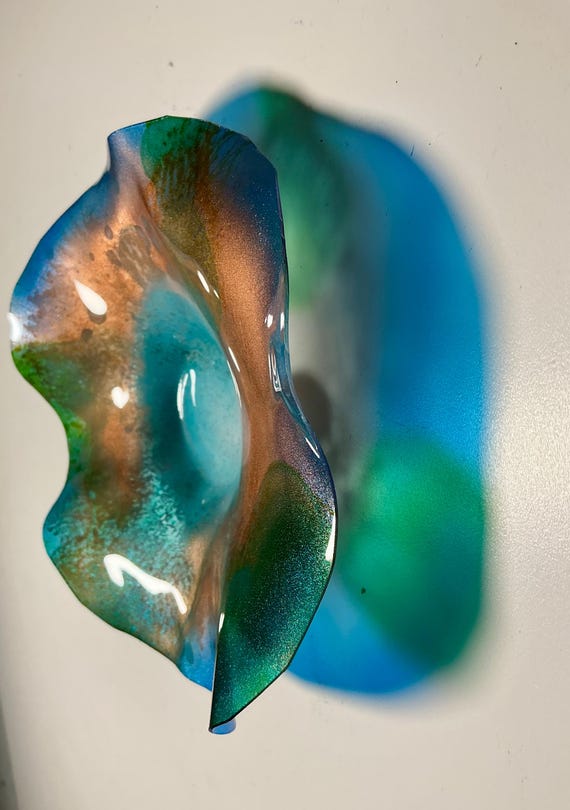 Handmade Recycled Polymer Wall Flower Art (5-inch) – copper, green & blue - Glass-Look Decor
