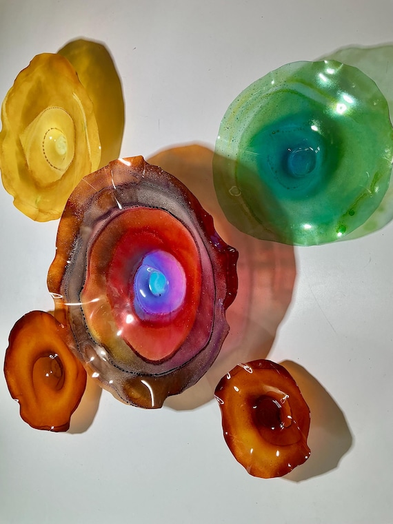 Exclusive Sea Glass Series: Wall Mural Set of 5 Handmade Recycled Plastic Decor-burnt orange/amber, green, yellow & blue