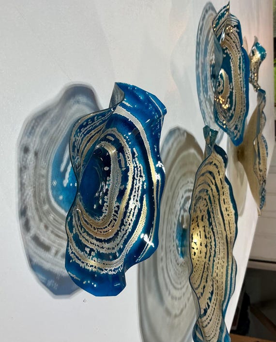 Metallic gold & ocean teal blue wall flower dish art set 5- up-cycled polymer- looks like glass