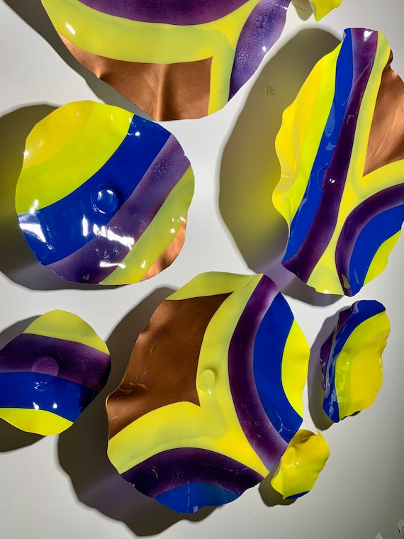 Wall sculpture flowers 9 copper/yellow/blue/purple/lime handmade up-cycled plastic/boho modern home decor/large mural art/looks like glass