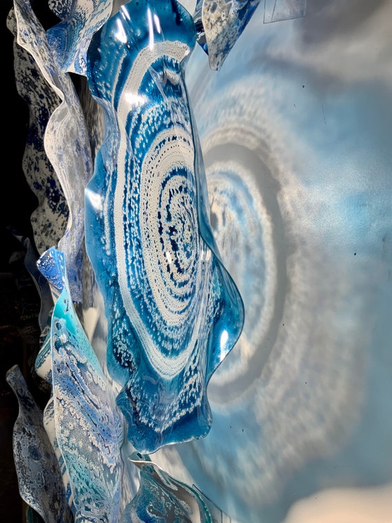 Original Ocean blue, silver, white large wall mural 24 handmade recycled polymer/ - beach home decor-looks like glass
