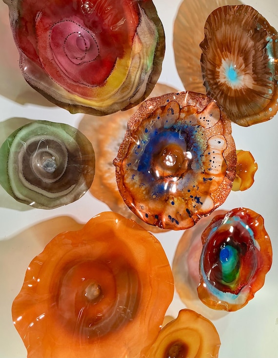 Exclusive Sea Glass Series: Large Wall Mural Set of 8 Handmade Recycled Plastic Decor-burnt orange/amber, burgundy  & blue