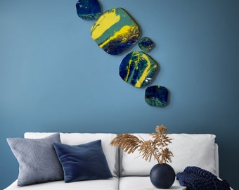 Wall Sculpture 5 yellow, purple, blue & sage green handmade recycled plastic home decor- looks like glass