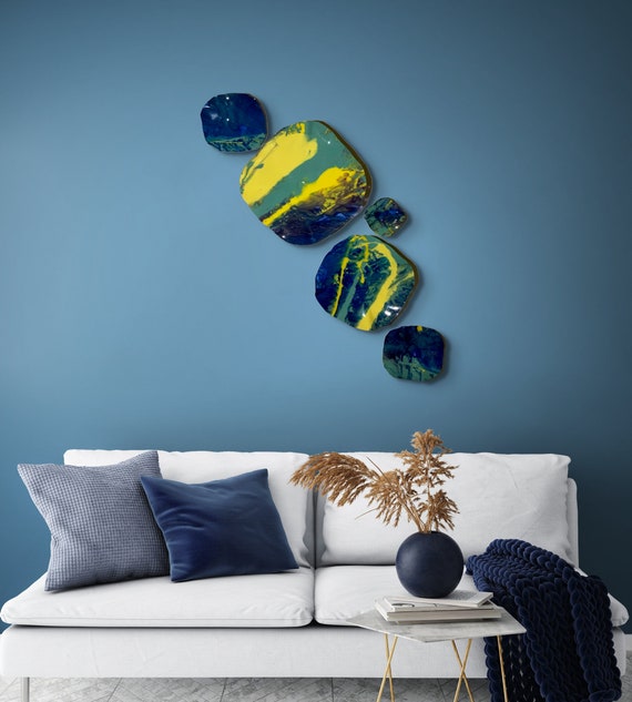 Wall Sculpture 5 yellow, purple, blue & sage green handmade recycled plastic home decor- looks like glass