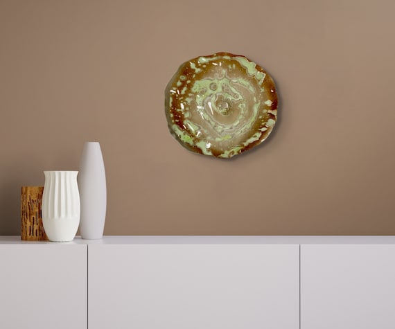 Medium wall flower sculpture 12" brown, lime cream & white handmade recycled plastic -boho home decor - looks like glass