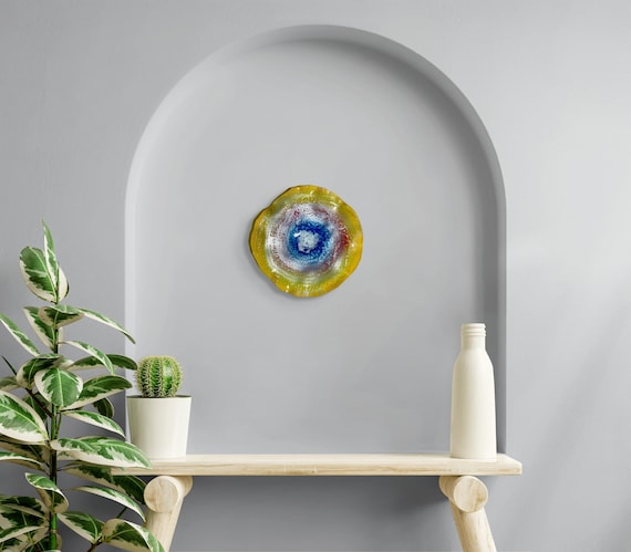 Up cycled water bottle wall flower 12" saffron yellow/silver/blue/white/orange handmade eco art boho coastal home decor- looks like glass