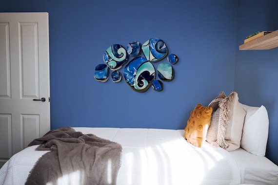 Original Wall flower sculpture shades of blue, aqua & black up cycled plastic indoor decor - looks like glass/home wall mural
