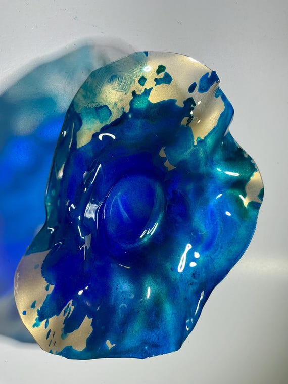 Colorful Handmade platter cobalt blue & gold wall hanging home decor- up cycled plastic extra small 5” looks like glass