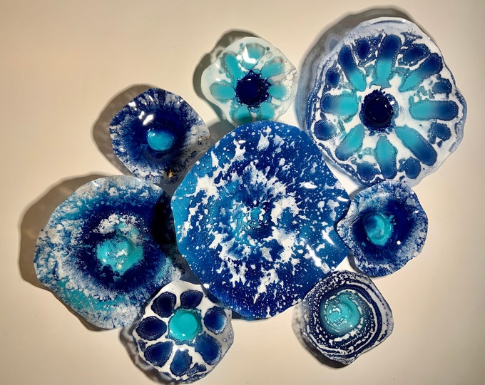 Featured listing image: Made to order Wall sculpture 8 Aquatic Blue/white/aqua handmade up cycled plastic looks like glass/yard/home decor flowers large wall mount
