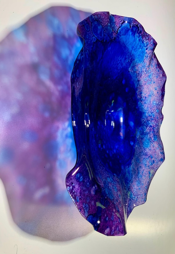 Recycled water bottle wall flower accent 12" eggplant purple/cobalt blue handmade eco artwork boho home decor- looks like glass