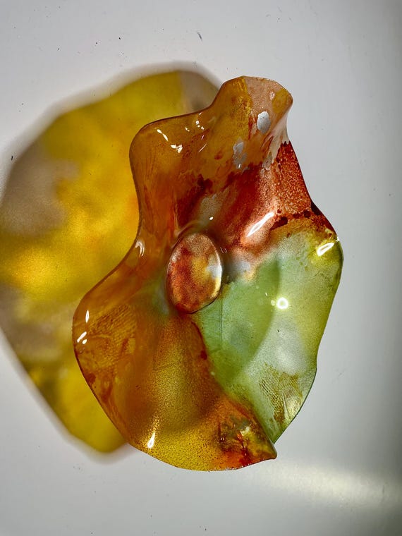 Handmade Upcycled Plastic Wallflower | Sustainable art 5” Green, Orange & Saffron home decor