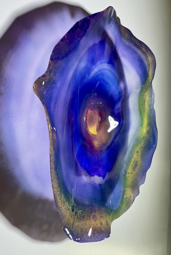 Handmade wall flower coralreeflections art 13”/up cycled plastic/periwinkle blue& yellow/looks like glass