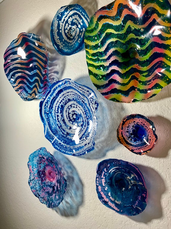 Original wall flower sculpture set 5 handmade home decor art/up-cycled plastic/mulit-color blues/pink/orange/yellow/silver/looks like glass