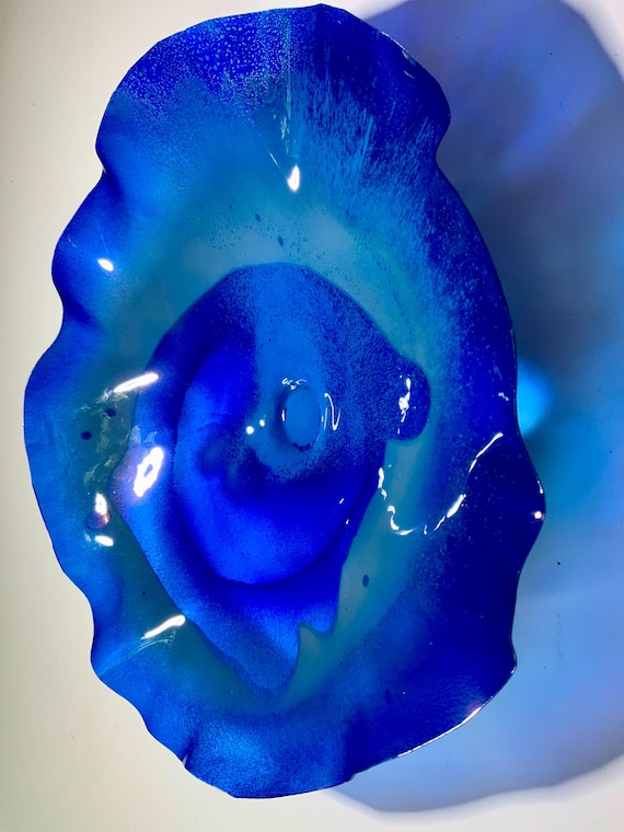 Unique Wall Flower sculpture platter art 15” handmade eco-friendly plastic/nautical blue/gray - looks like glass/home decor