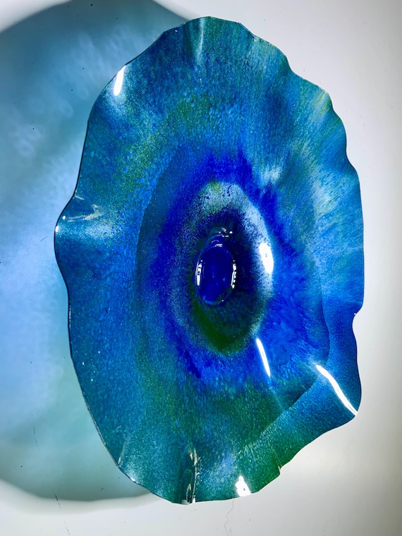 Handmade recycled plastic home decor Small Wall flower 9” blue/green/chrome silver coastal beach wall decor/looks like glass/Todd Lynd art