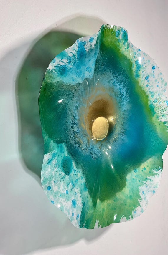 Handmade Recycled Polymer Wall Flower Art – Glass-Look Floral Sculpture 12” teal green, blue & white