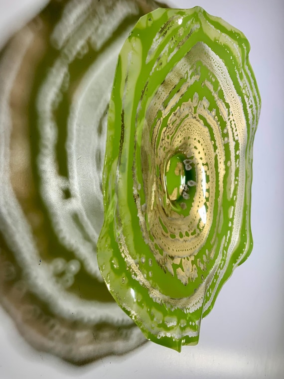 Cool wall art Small round flower gold/fern green  9” handmade original recycled plastic/home wall decor/looks like glass