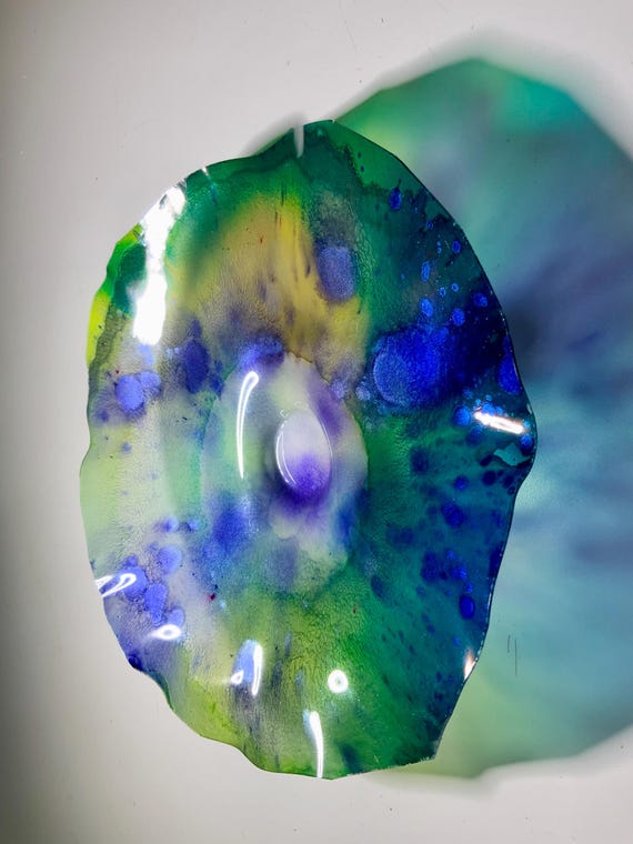 Original Ocean Arts handmade eco friendly polymer wall flower green, purple & yellow small 9” looks like glass -boho home decor