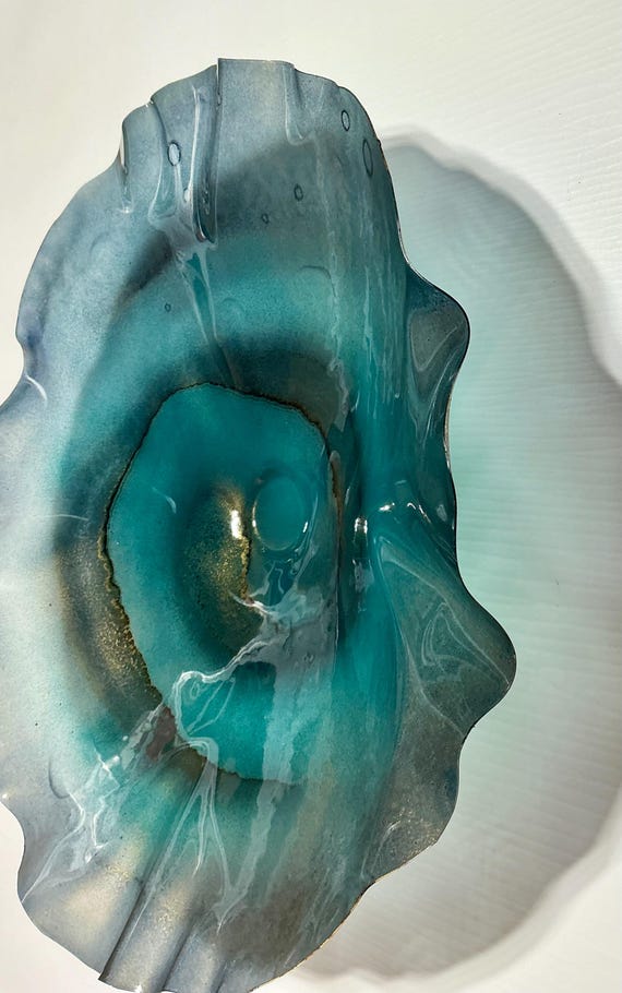 Extra Large up cycled polymer Wall Flower Art – teal, aqua, gold, charcoal-Glass-Like Finish
