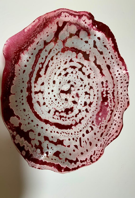 Medium round wall flower 12" handmade up cycled plastic - burgundy & silver/boho home/ - living room home decor that looks like glass