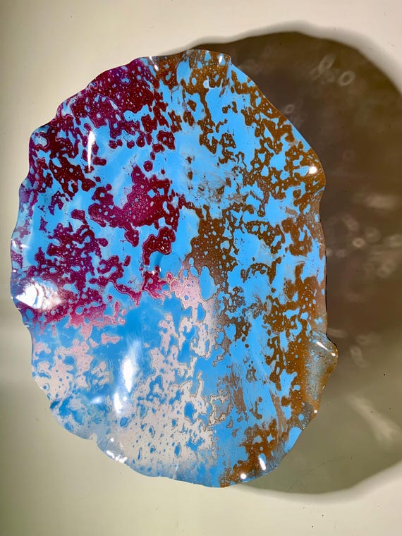 Handmade upcycled plastic wall flower home decor extra large 19” light blue/burgundy/white/copper round living room art/looks like glass